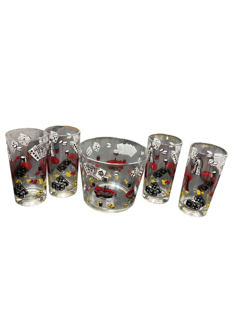 Vintage MCM Hazel Atlas casino theme ice bucket set 4 tumblers glasses SKU 10-94